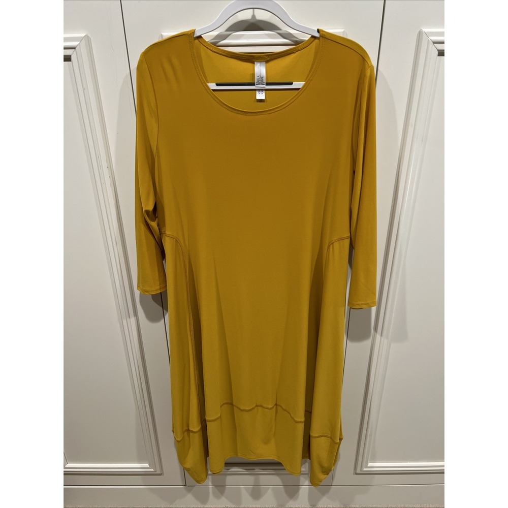 Marla Wynne Mustard Yellow Midi Dress Lantern Bubble Hem Artsy Liquid Knit Fall